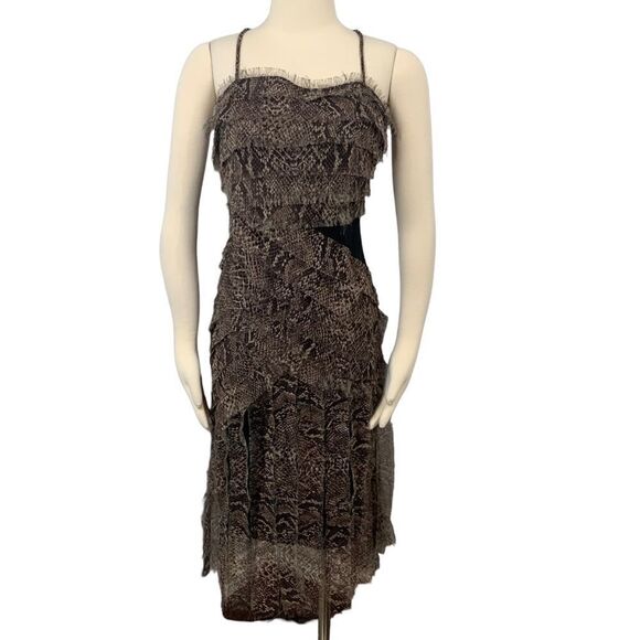 Celo Brown Flowy Raw Edge Snakeskin Print Ribbon Strip Dress M - Picture 1 of 14